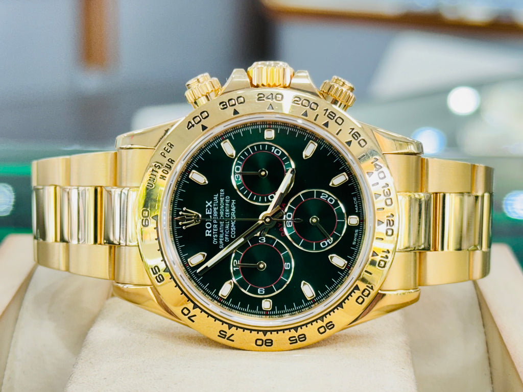 Rolex Daytona 116508 “Known as the John mayer” Cosmograph 40mm Yellow Gold Green Index Dial  Box and Papers PreOwned - Diamonds East Intl.