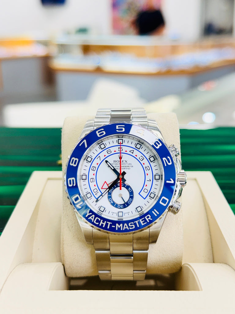 Rolex Yacht-Master II 44 116680 Stainless Steel White Dial Blue Hands Blue Ceramic Bezel Regatta Timer Box and Papers PreOwned