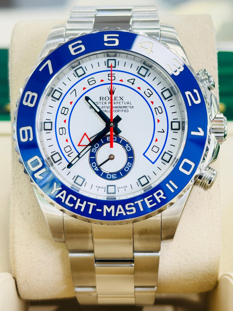 Rolex Yacht-Master II 44 116680 Stainless Steel White Dial Blue Hands Blue Ceramic Bezel Regatta Timer Box and Papers PreOwned