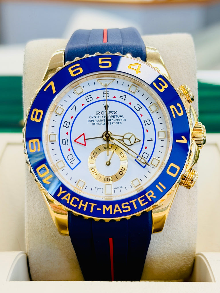 Rolex  Yacht-Master II 116688  Mercedes Hands 44 PreOwned +  Unworn Blue With Red Stripe Rubber b