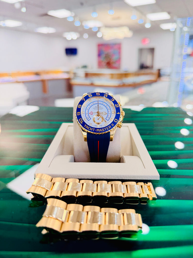 Rolex  Yacht-Master II 116688  Mercedes Hands 44 PreOwned +  Unworn Blue With Red Stripe Rubber b