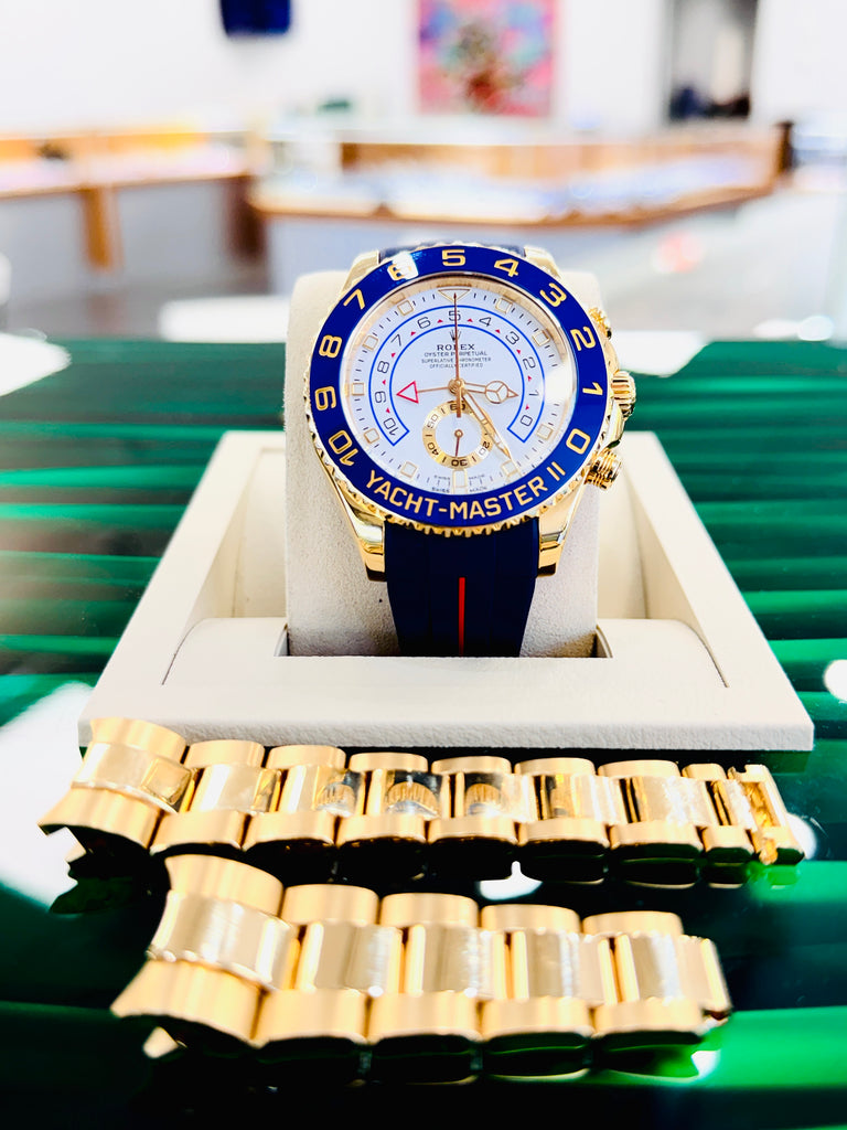 Rolex  Yacht-Master II 116688  Mercedes Hands 44 PreOwned +  Unworn Blue With Red Stripe Rubber b