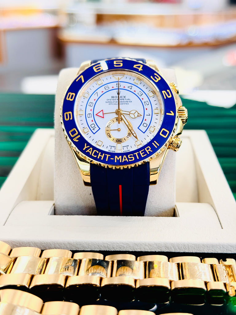 Rolex  Yacht-Master II 116688  Mercedes Hands 44 PreOwned +  Unworn Blue With Red Stripe Rubber b