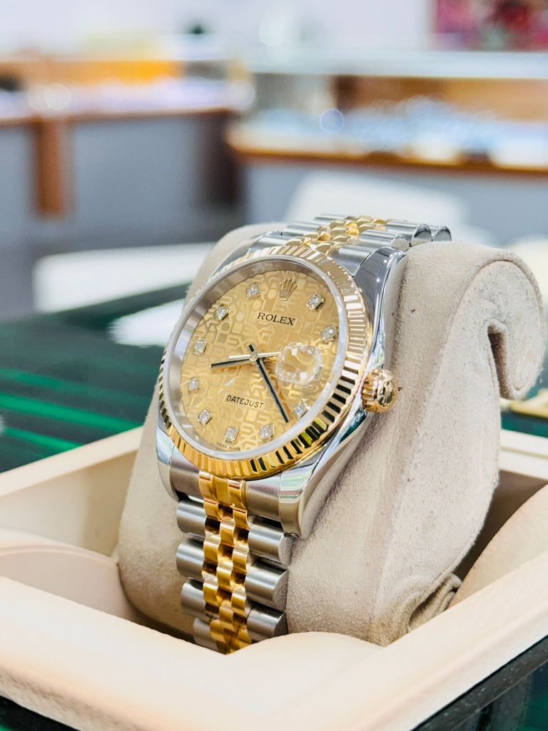 Rolex Datejust 36 116233 FACTORY Champagne Jubilee Diamond Dial 18K Yellow Bezel - Diamonds East Intl.