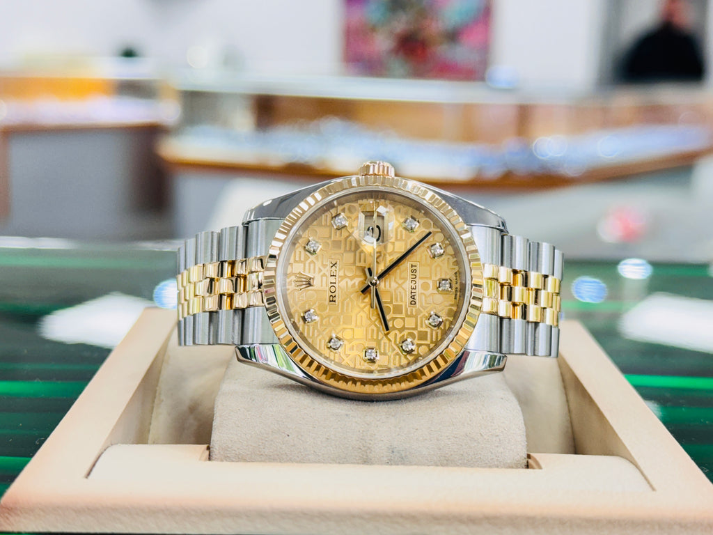 Rolex Datejust 36 116233 FACTORY Champagne Jubilee Diamond Dial 18K Yellow Bezel - Diamonds East Intl.