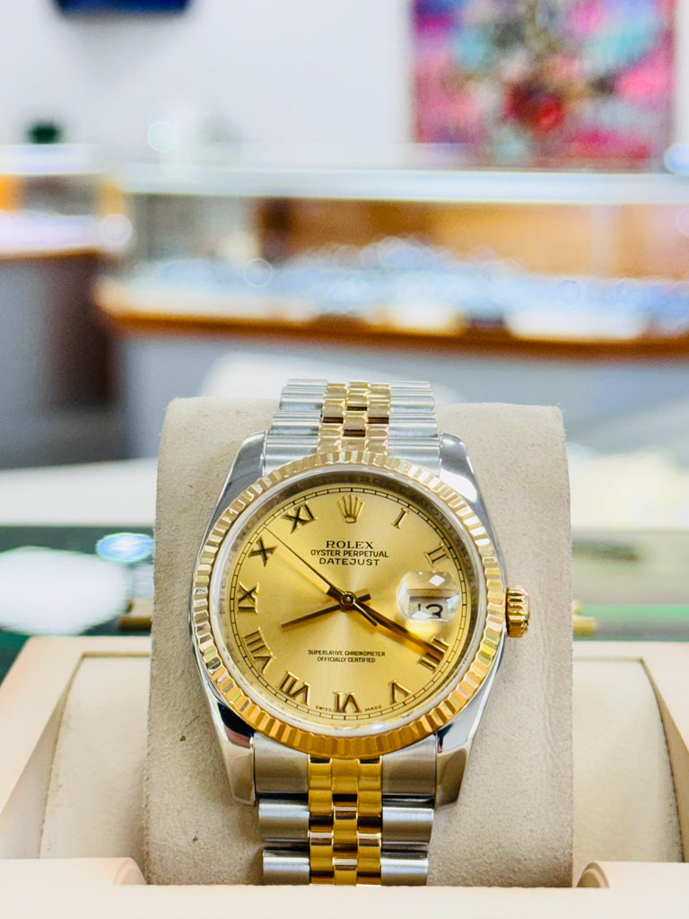Rolex Datejust 36 116233 18K Yellow Gold / SS Champagne Roman Dial Fluted Bezel Jubilee MINT - Diamonds East Intl.