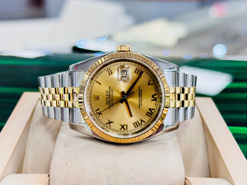 Rolex Datejust 36 116233 18K Yellow Gold / SS Champagne Roman Dial Fluted Bezel Jubilee MINT - Diamonds East Intl.