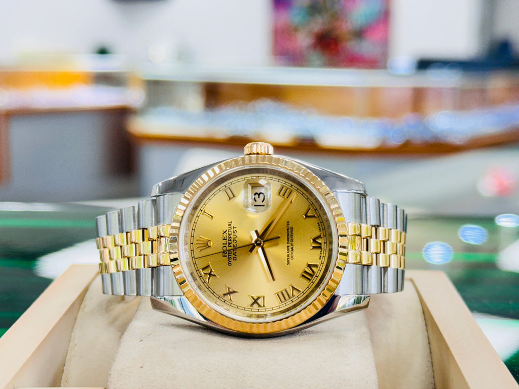 Rolex Datejust 36 116233 18K Yellow Gold / SS Champagne Roman Dial Fluted Bezel Jubilee MINT - Diamonds East Intl.