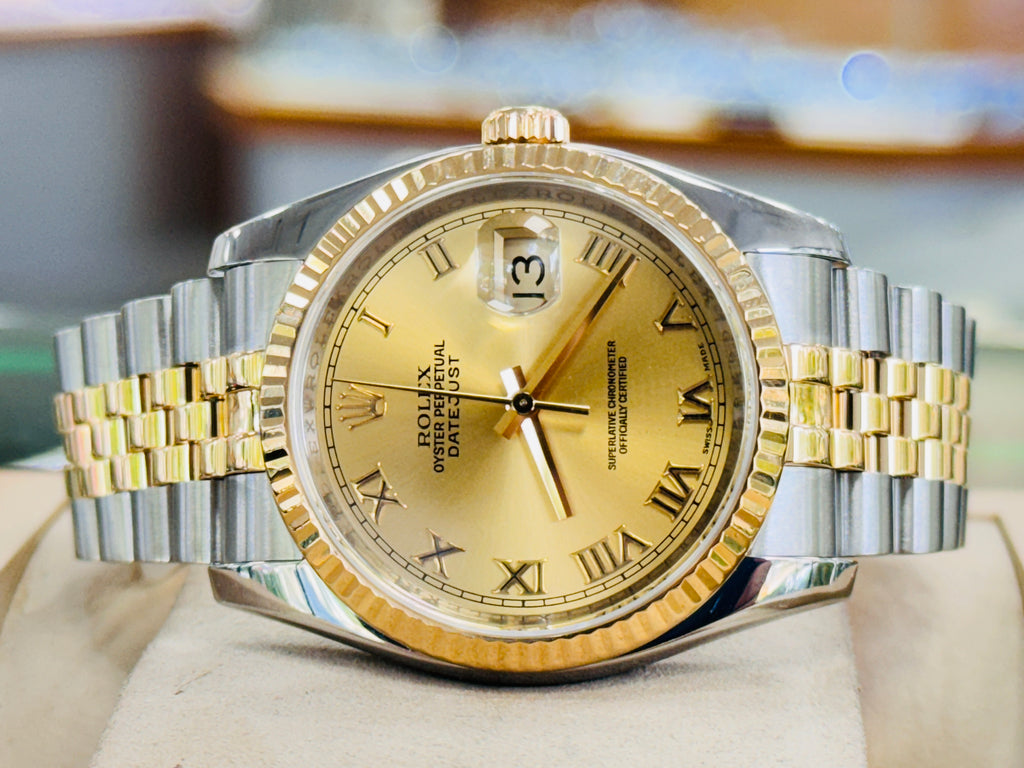 Rolex Datejust 36 116233 18K Yellow Gold / SS Champagne Roman Dial Fluted Bezel Jubilee MINT - Diamonds East Intl.