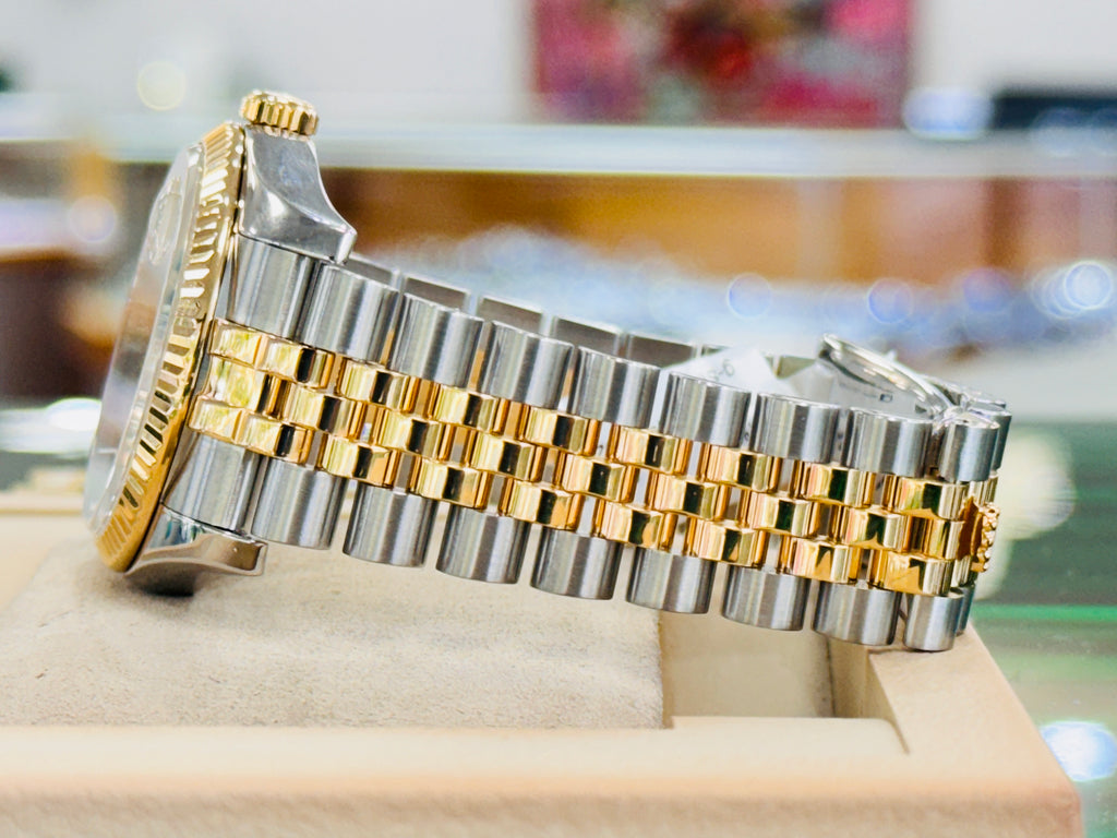 Rolex Datejust 36 116233 18K Yellow Gold / SS Champagne Roman Dial Fluted Bezel Jubilee MINT - Diamonds East Intl.