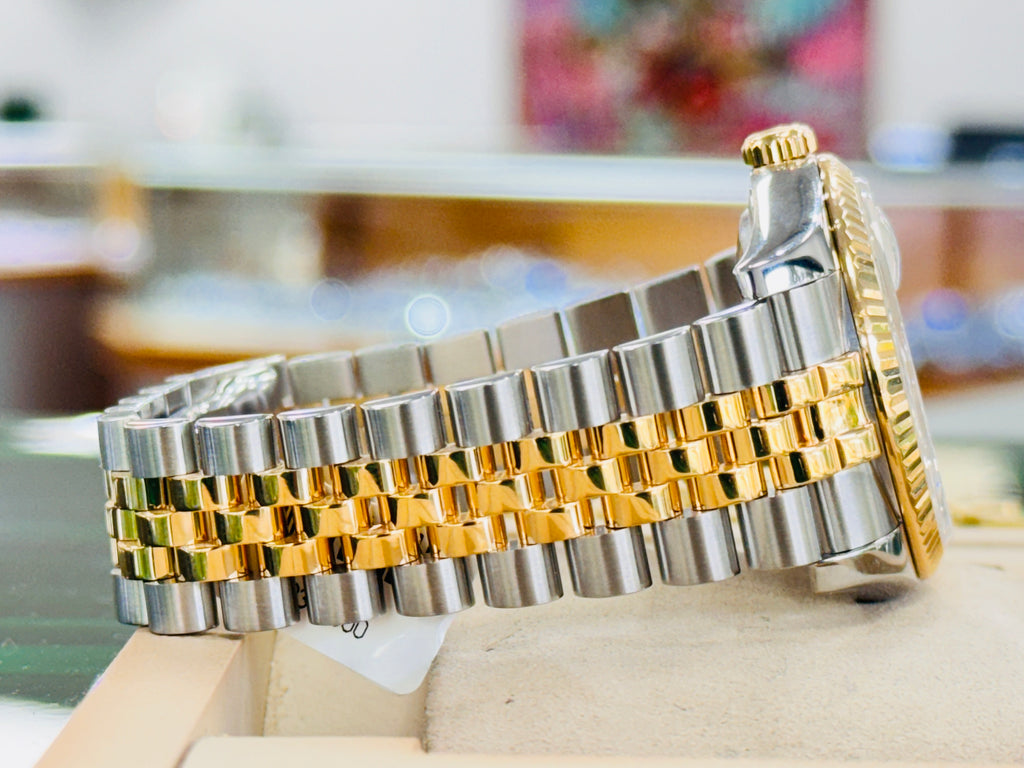 Rolex Datejust 36 116233 18K Yellow Gold / SS Champagne Roman Dial Fluted Bezel Jubilee MINT - Diamonds East Intl.