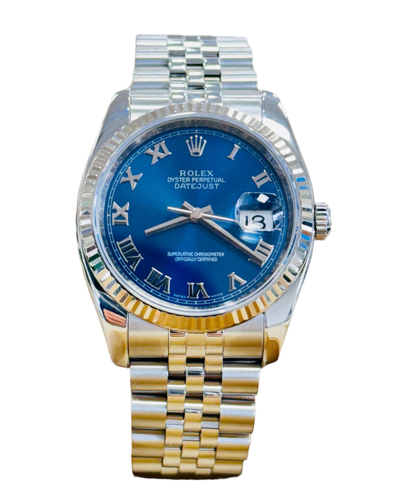 Rolex Datejust 36 116234 Blue Roman Dial jubilee Preowned Box and Papers - Diamonds East Intl.