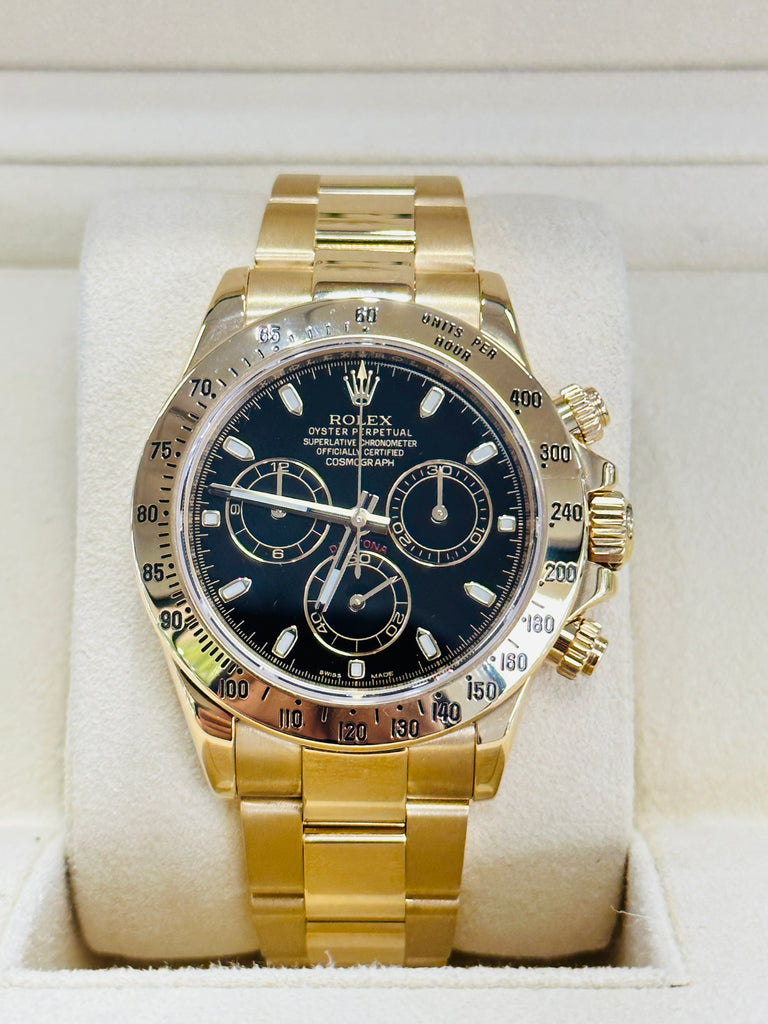 Rolex Daytona 116528 Black Dial Yellow Gold PreOwned Box - Diamonds East Intl.