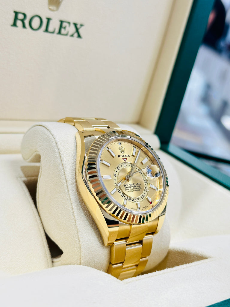 Rolex Sky-Dweller 326938 Yellow Gold Champagne Dial 42 Unworn Box and Papers - Diamonds East Intl.