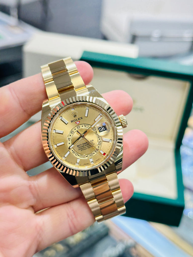 Rolex Sky-Dweller 326938 Yellow Gold Champagne Dial 42 Unworn Box and Papers - Diamonds East Intl.