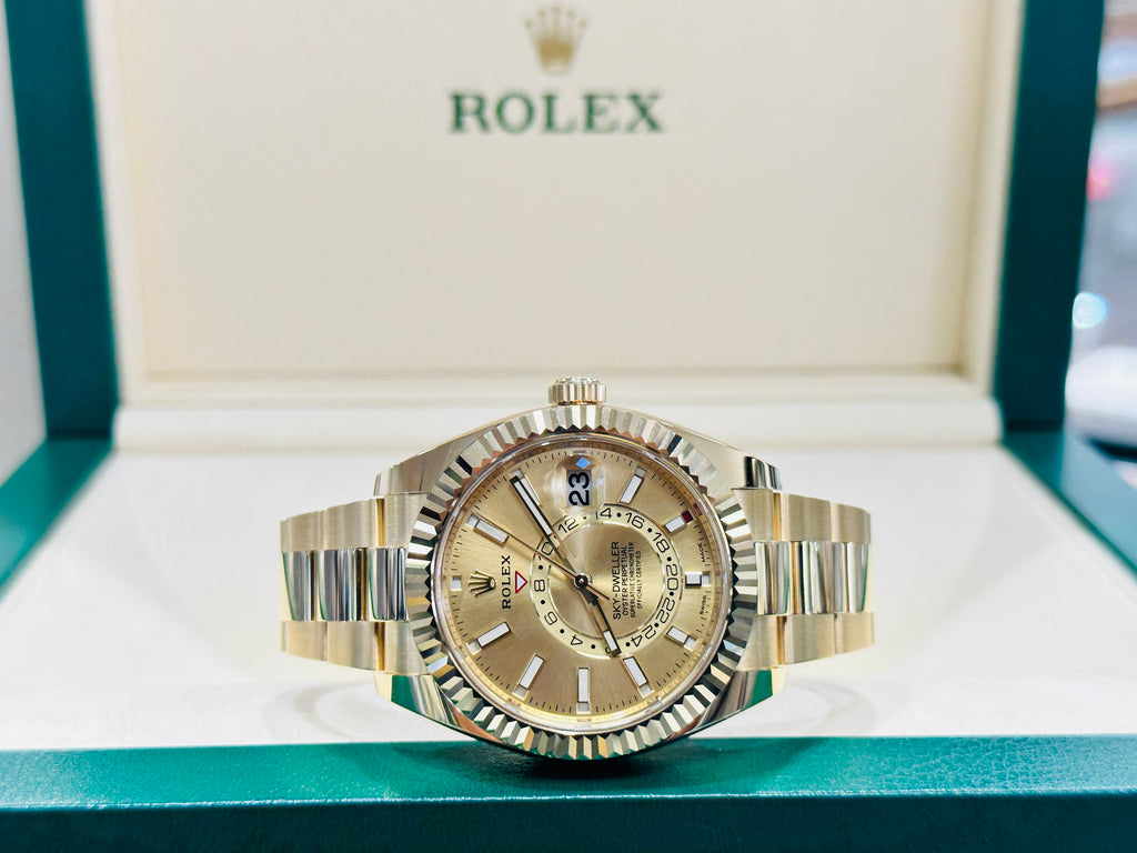 Rolex Sky-Dweller 326938 Yellow Gold Champagne Dial 42 Unworn Box and Papers - Diamonds East Intl.