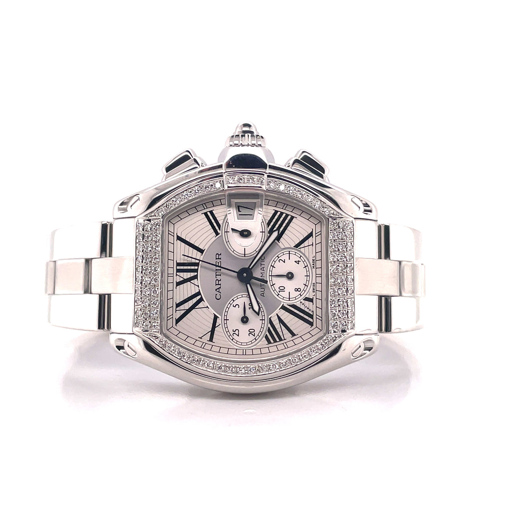Cartier Roadster XL Chronograph W62019X6 Custom Diamond Bezel PreOwned - Diamonds East Intl.