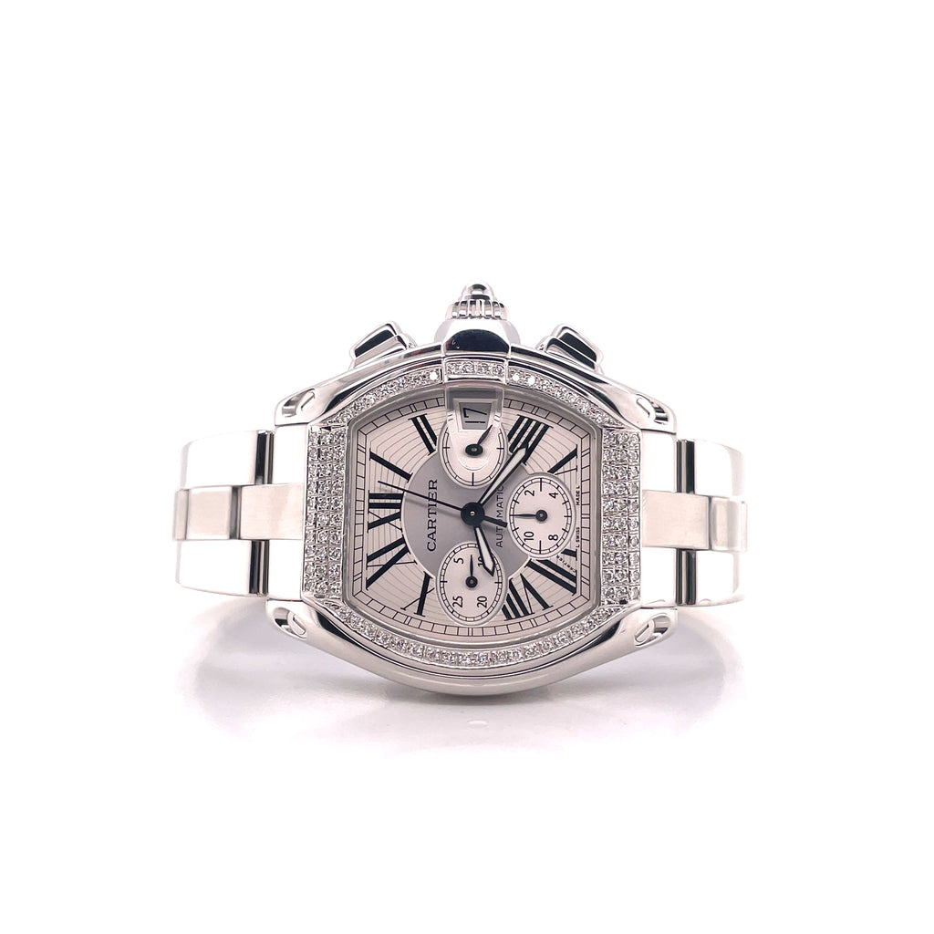 Cartier Roadster XL Chronograph W62019X6 Custom Diamond Bezel PreOwned - Diamonds East Intl.