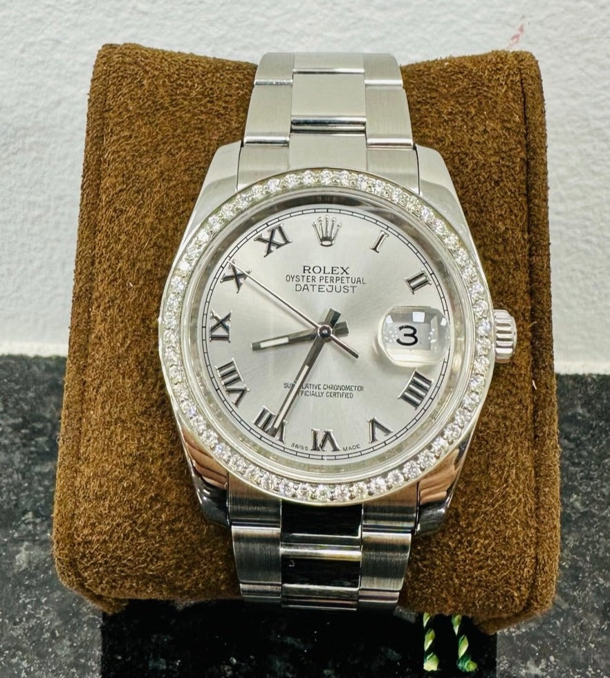 Rolex Datejust 36 116200 Silver Roman Dial with Custom 1.50Ct Diamond Bezel PreOwned - Diamonds East Intl.