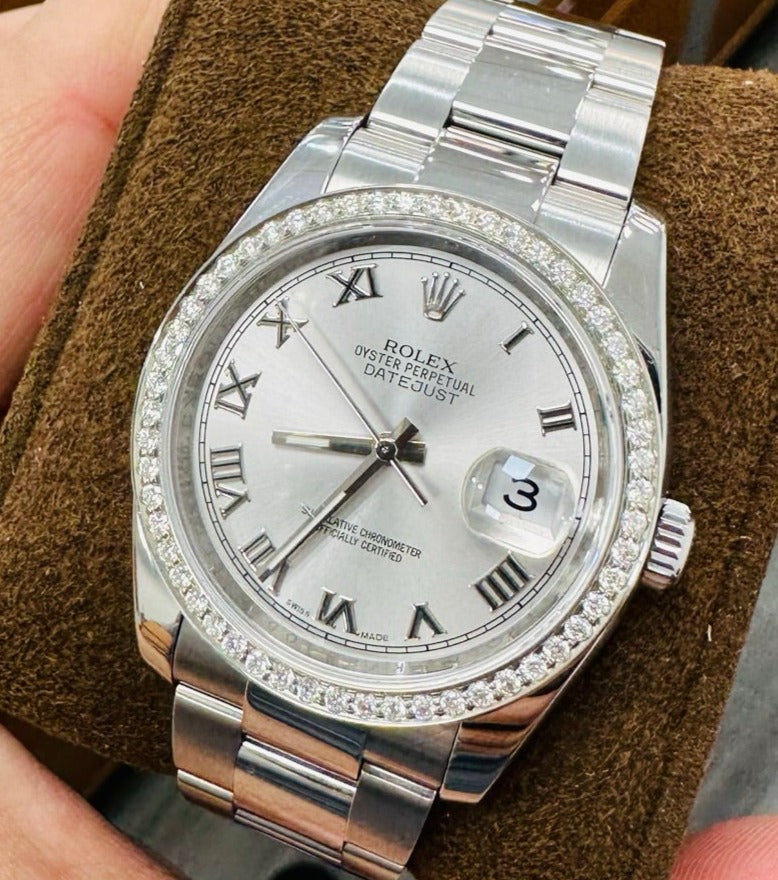 Rolex Datejust 36 116200 Silver Roman Dial with Custom 1.50Ct Diamond Bezel PreOwned - Diamonds East Intl.