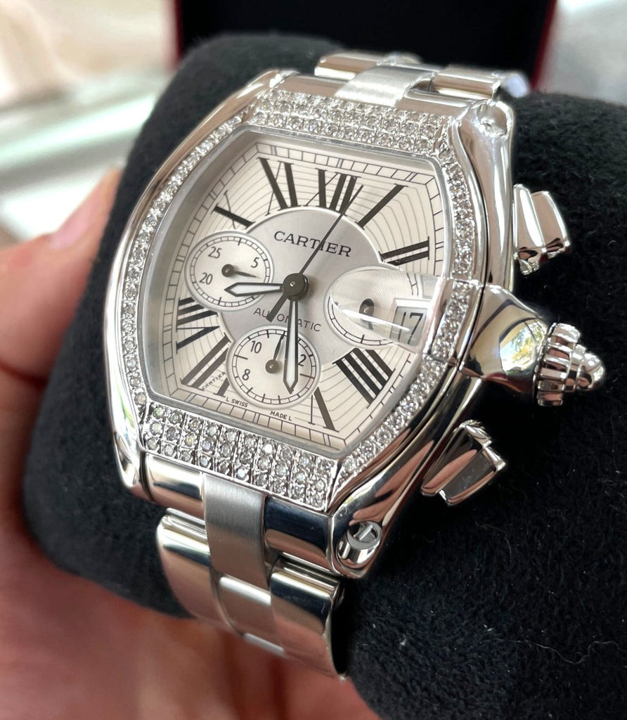Cartier Roadster XL Chronograph W62019X6 2618 Custom Diamond Bezel PreOwned