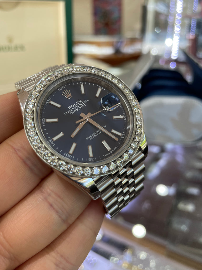 Rolex Datejust 41 126300 Blue Stick Dial Custom 3.25ct Diamond Bezel Jubilee PreOwned - Diamonds East Intl.