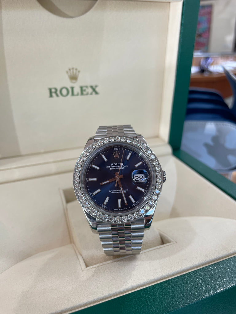 Rolex Datejust 41 126300 Blue Stick Dial Custom 3.25ct Diamond Bezel Jubilee PreOwned - Diamonds East Intl.