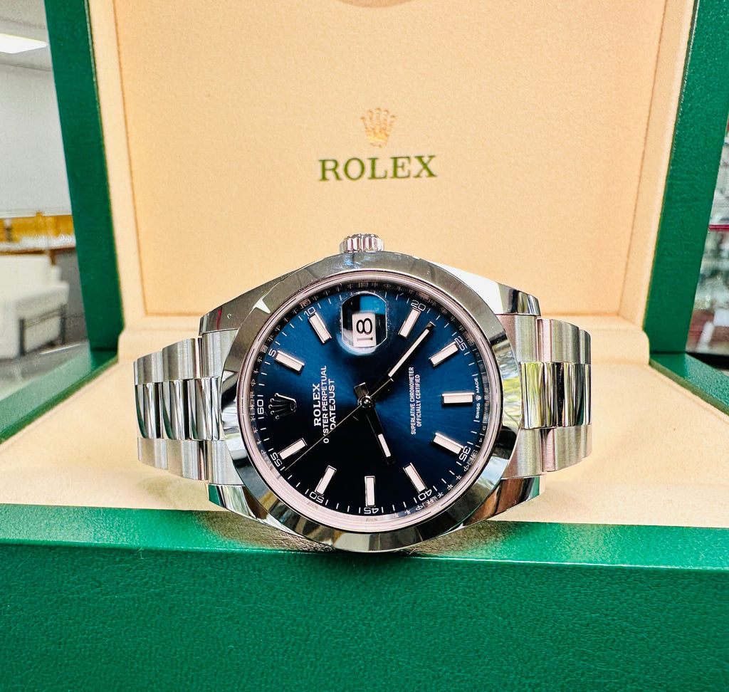 Rolex Datejust 41mm 126300 Blue Stick Dial Smooth Bezel Box  and Papers Unworn