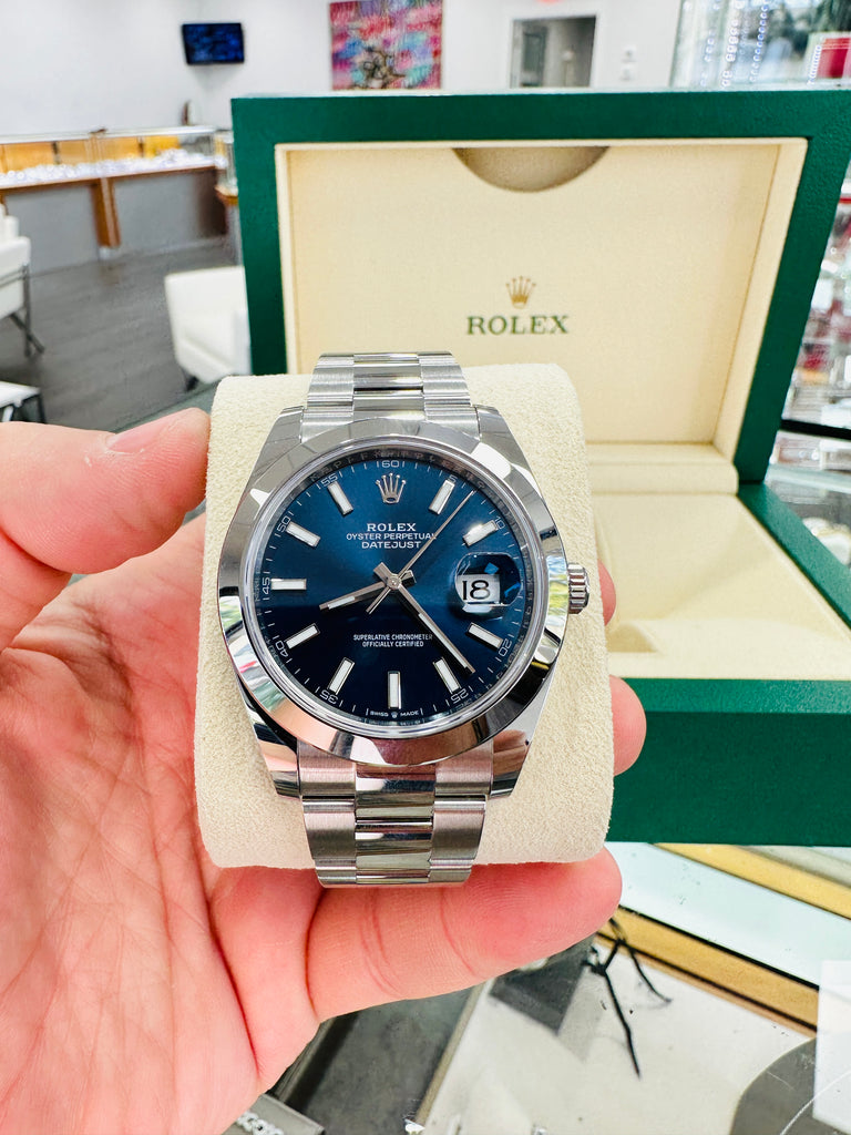 Rolex Datejust 41mm 126300 Blue Stick Dial Smooth Bezel Box  and Papers Unworn - Diamonds East Intl.