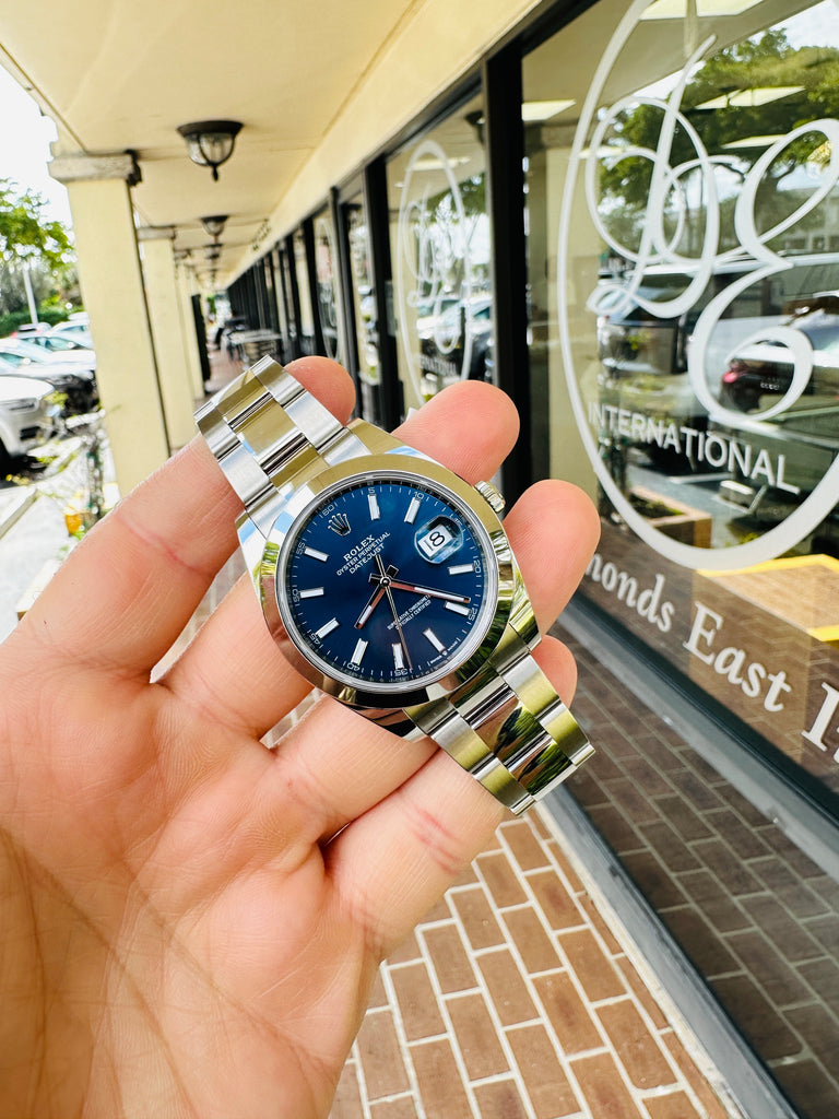Rolex Datejust 41mm 126300 Blue Stick Dial Smooth Bezel Box  and Papers Unworn - Diamonds East Intl.