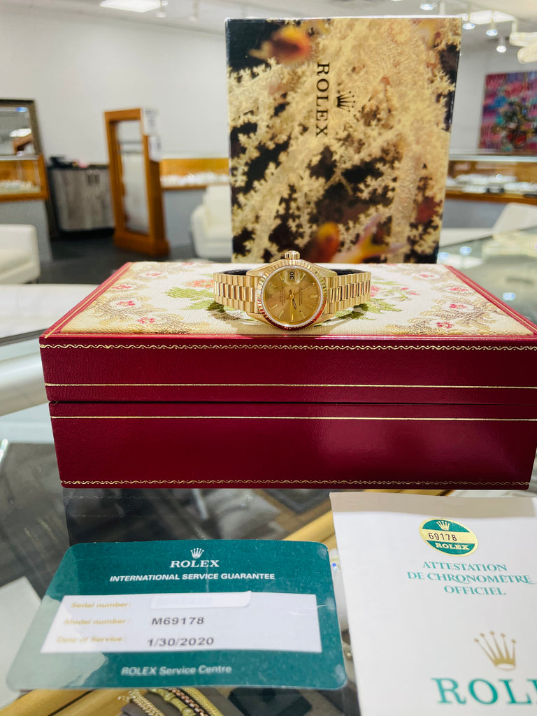 Rolex Ladies President Datejust 69178 Champagne 18k Yellow Gold Box Service Card - Diamonds East Intl.