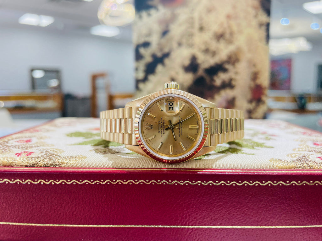 Rolex Ladies President Datejust 69178 Champagne 18k Yellow Gold Box Service Card - Diamonds East Intl.