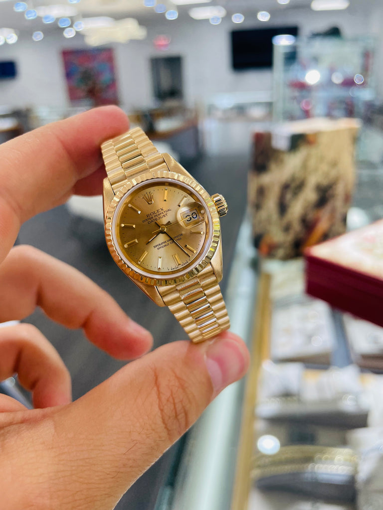Rolex Ladies President Datejust 69178 Champagne 18k Yellow Gold Box Service Card - Diamonds East Intl.