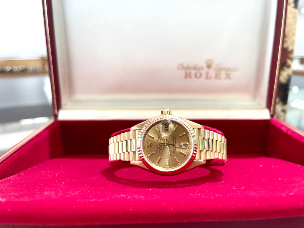 Rolex Ladies President Datejust 69178 Champagne 18k Yellow Gold Box Service Card - Diamonds East Intl.