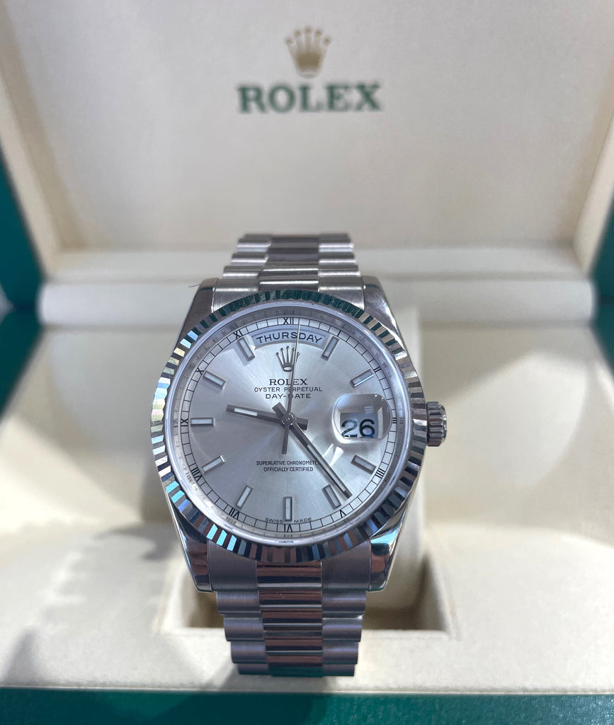 Rolex 118239 Day Date 18K White Gold 36 mm Silver Stick Dial Box and Papers UNWORN 