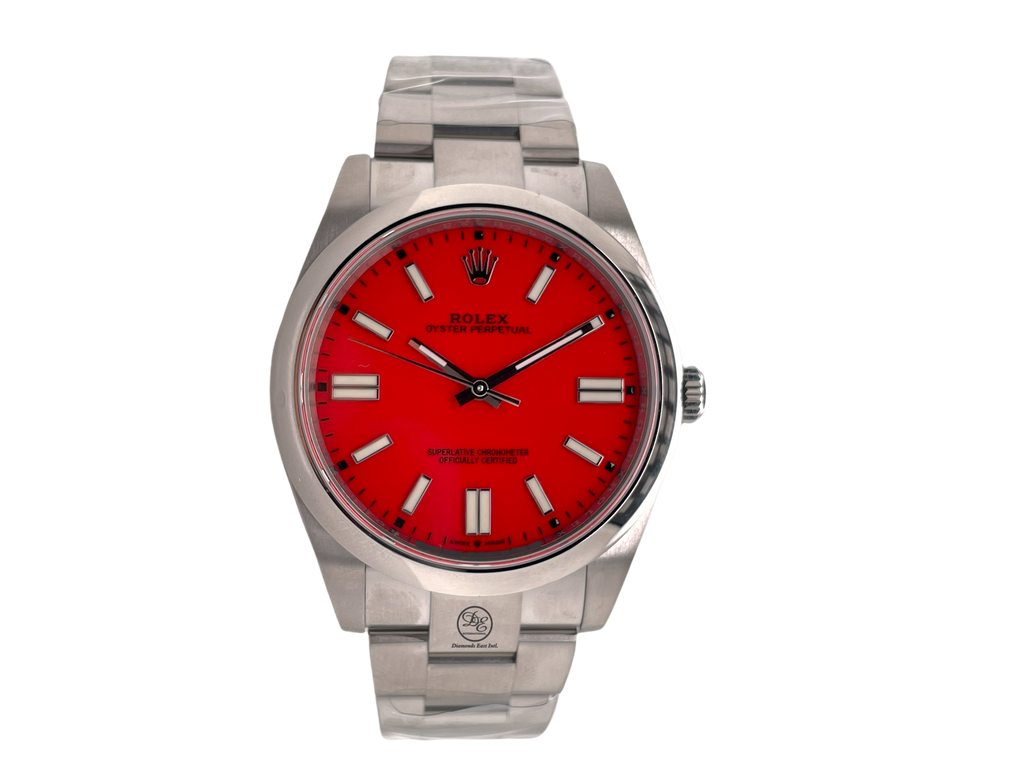 Rolex Oyster Perpetual 41mm Custom Red Dial 124300 Unworn Box And Papers - Diamonds East Intl.