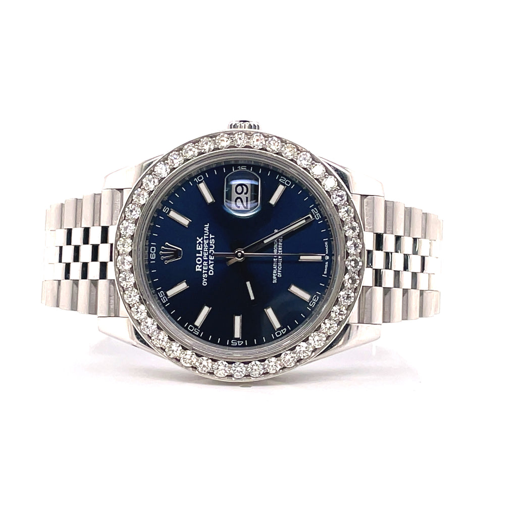 Rolex Datejust 41 126300 Blue Stick Dial Custom 3.25ct Diamond Bezel Jubilee PreOwned - Diamonds East Intl.