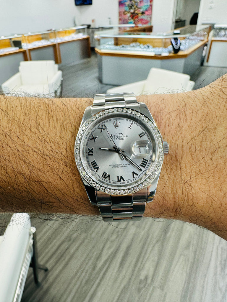 Rolex Datejust 36 116200 Silver Roman Dial with Custom 1.50Ct Diamond Bezel PreOwned - Diamonds East Intl.