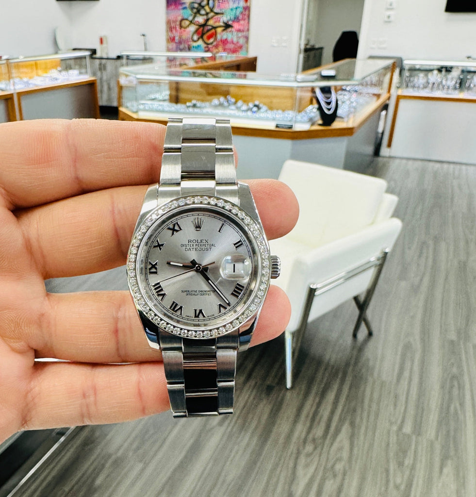 Rolex Datejust 36 116200 Silver Roman Dial with Custom 1.50Ct Diamond Bezel PreOwned - Diamonds East Intl.
