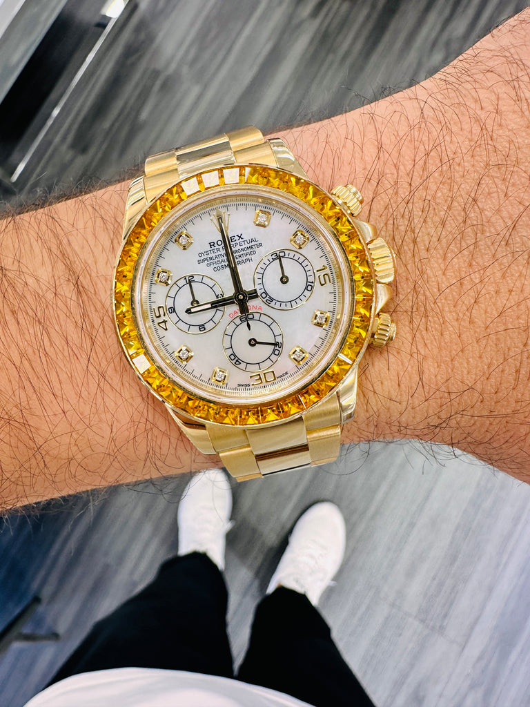 Rolex Daytona 116528 18K Yellow Gold Oyster Perpetual Cosmograph Custom Sapphire Bezel and Custom MOP Dial Box and Papers PreOwned - Diamonds East Intl.