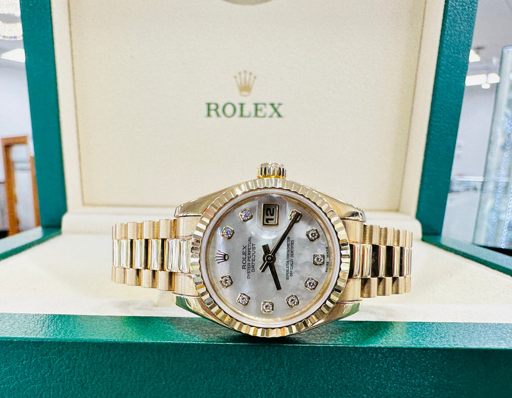 Rolex Lady-Datejust 26 President 179178  Yellow 18k Gold Factory Diamond Mother Of Pearl Dial - Diamonds East Intl.