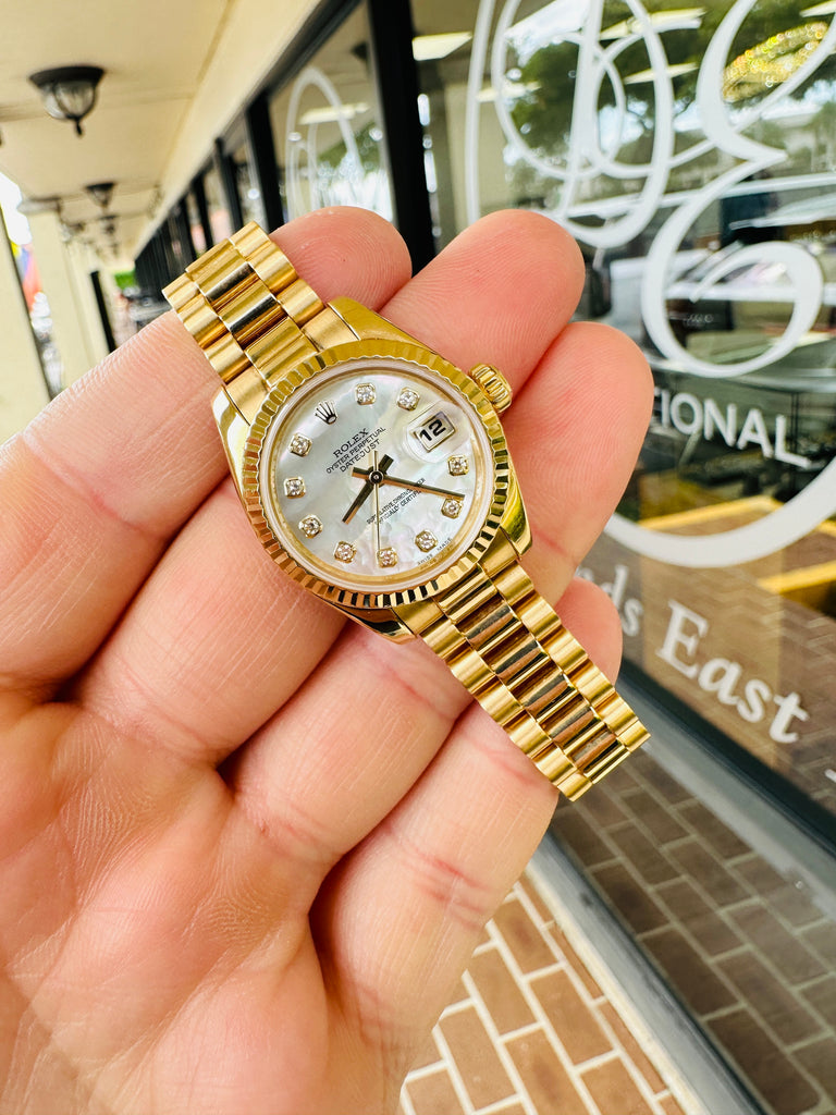 Rolex Lady-Datejust 26 President 179178  Yellow 18k Gold Factory Diamond Mother Of Pearl Dial - Diamonds East Intl.