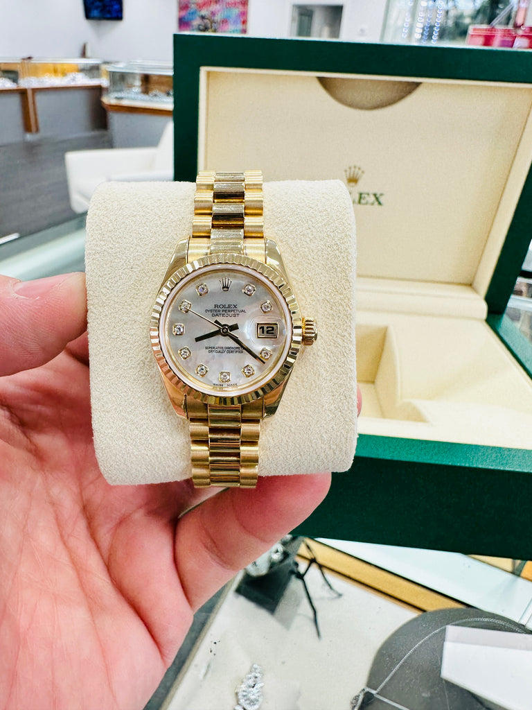 Rolex Lady-Datejust 26 President 179178  Yellow 18k Gold Factory Diamond Mother Of Pearl Dial - Diamonds East Intl.