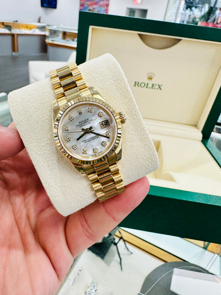 Rolex Lady-Datejust 26 President 179178  Yellow 18k Gold Factory Diamond Mother Of Pearl Dial - Diamonds East Intl.