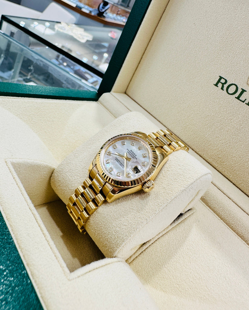 Rolex Lady-Datejust 26 President 179178  Yellow 18k Gold Factory Diamond Mother Of Pearl Dial - Diamonds East Intl.