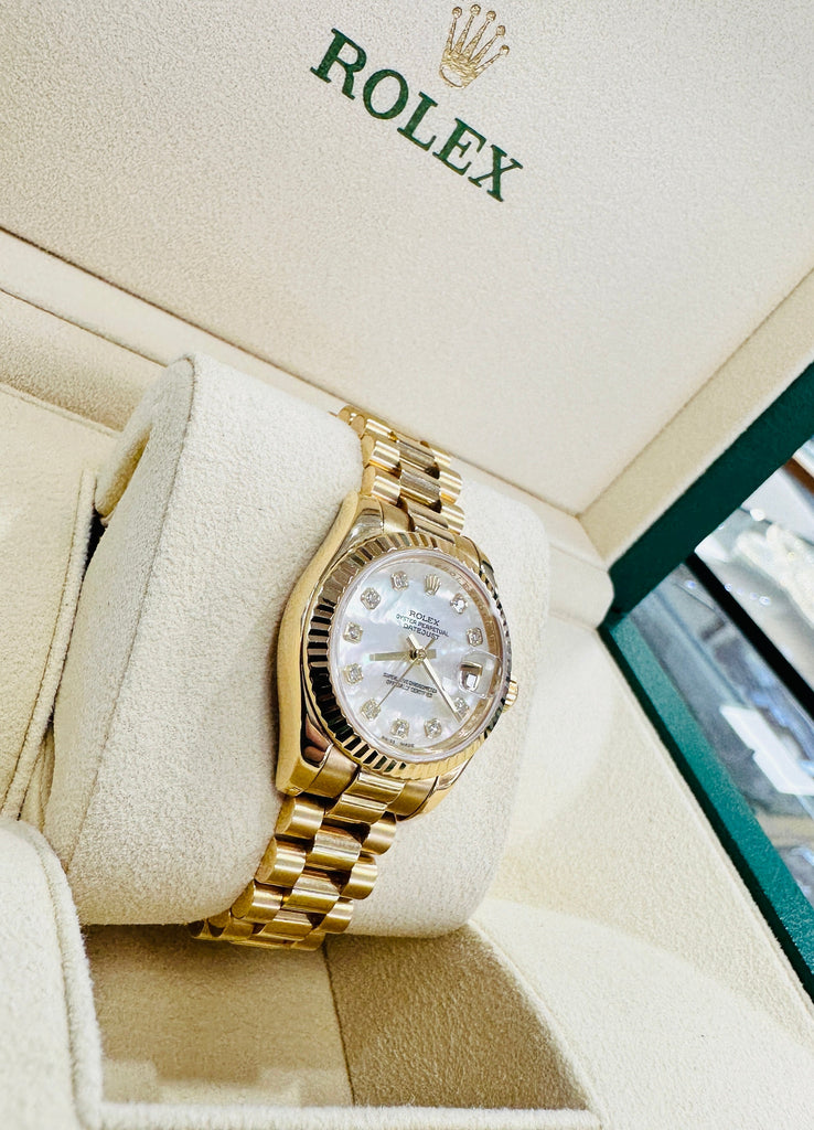 Rolex Lady-Datejust 26 President 179178  Yellow 18k Gold Factory Diamond Mother Of Pearl Dial - Diamonds East Intl.