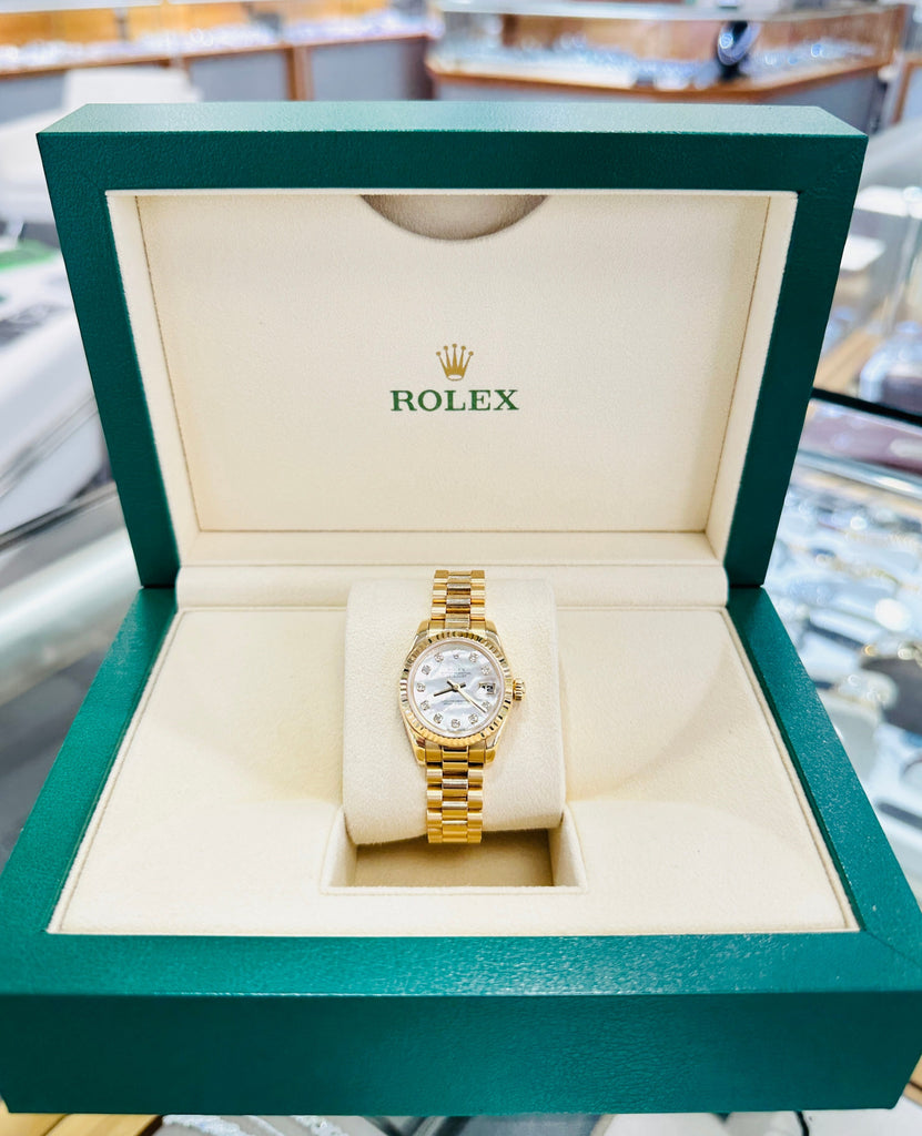 Rolex Lady-Datejust 26 President 179178  Yellow 18k Gold Factory Diamond Mother Of Pearl Dial - Diamonds East Intl.