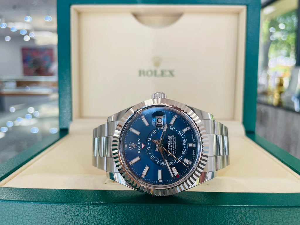 Rolex Sky-Dweller 326934 BLUSO Blue Dial Stainless Steel 42mm 18k White Gold Bezel PAPERS MINT - Diamonds East Intl.