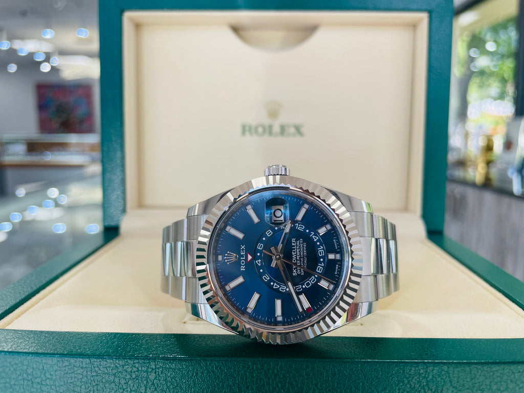 Rolex Sky-Dweller 326934 BLUSO Blue Dial Stainless Steel 42mm 18k White Gold Bezel PAPERS MINT - Diamonds East Intl.