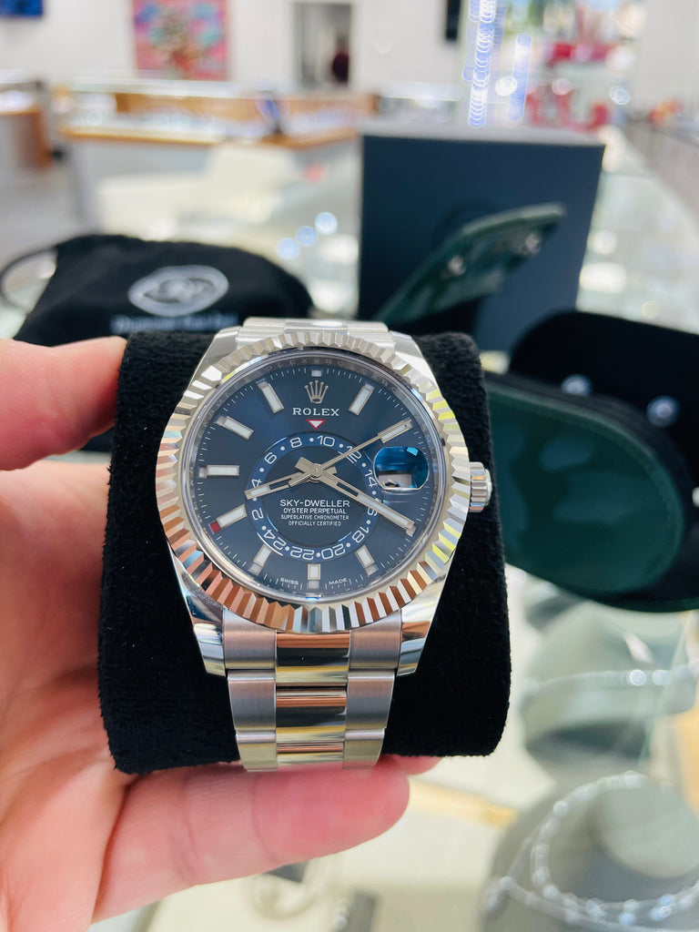 Rolex Sky-Dweller 326934 BLUSO Blue Dial Stainless Steel 42mm 18k White Gold Bezel PAPERS MINT - Diamonds East Intl.